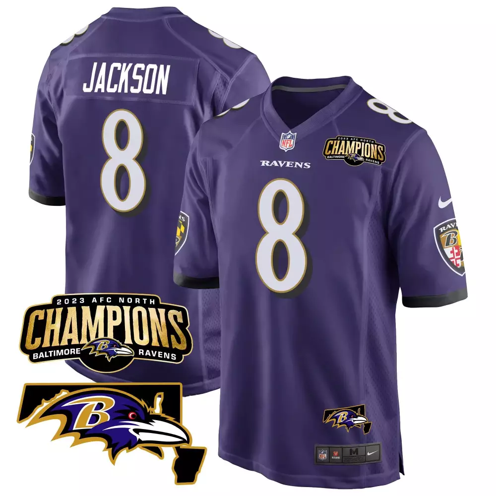 Lamar Jackson 8 Ravens Jersey Purple 2023 AFC North Champions Men Game White Black