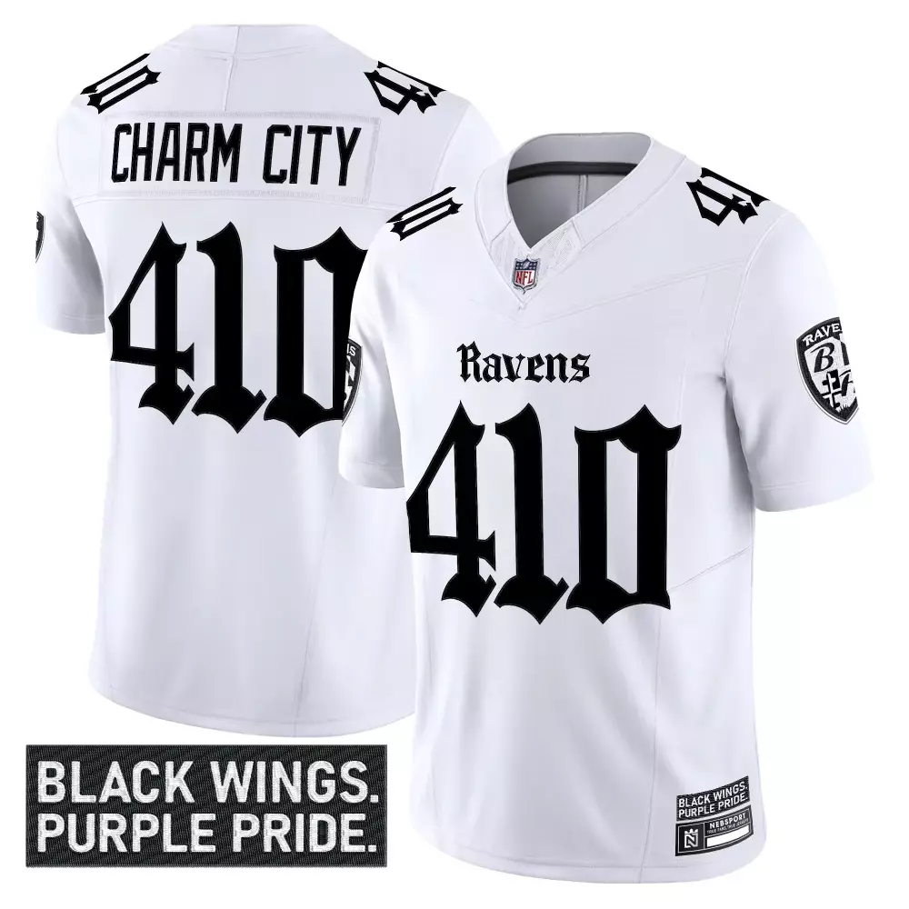 Charm City Ravens Jersey White Black Wings. Purple Pride. Men Alternate Stitched