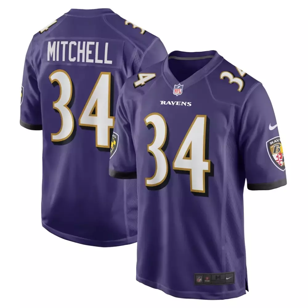 Mitchell 34 Ravens Jersey Purple Team Baltimore Primary Men Replica White Gold Game