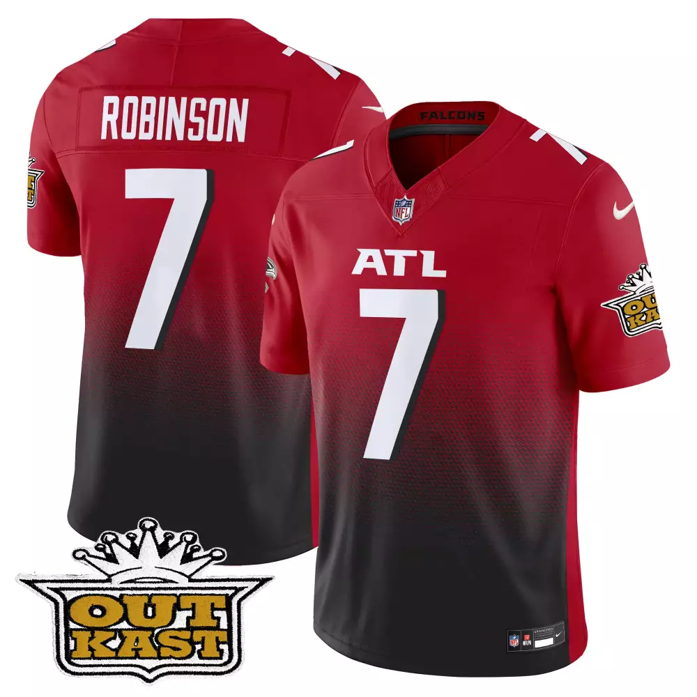 Bijan Robinson 7 Falcons Jersey Red Outkast Men Gradient Split Custom Design Black