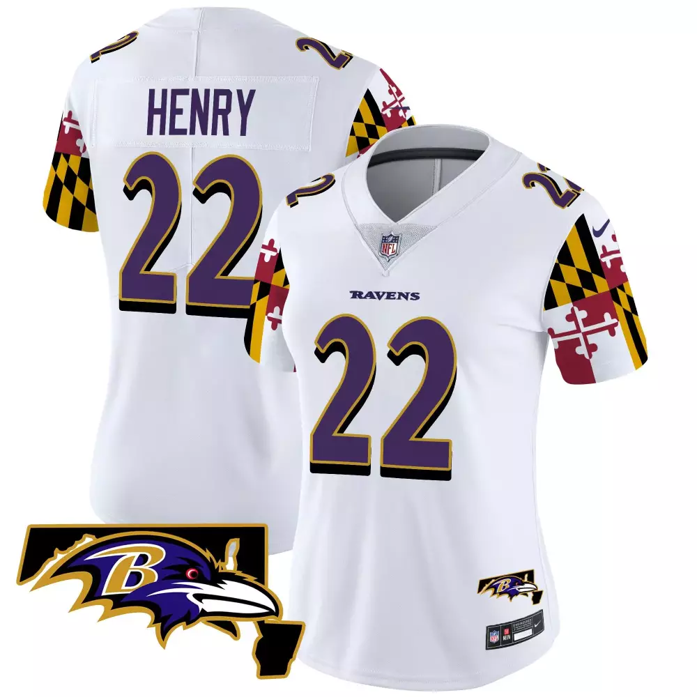 Derrick Henry 22 Ravens Jersey White Women Player Alternate Purple Black Yellow Maroon
