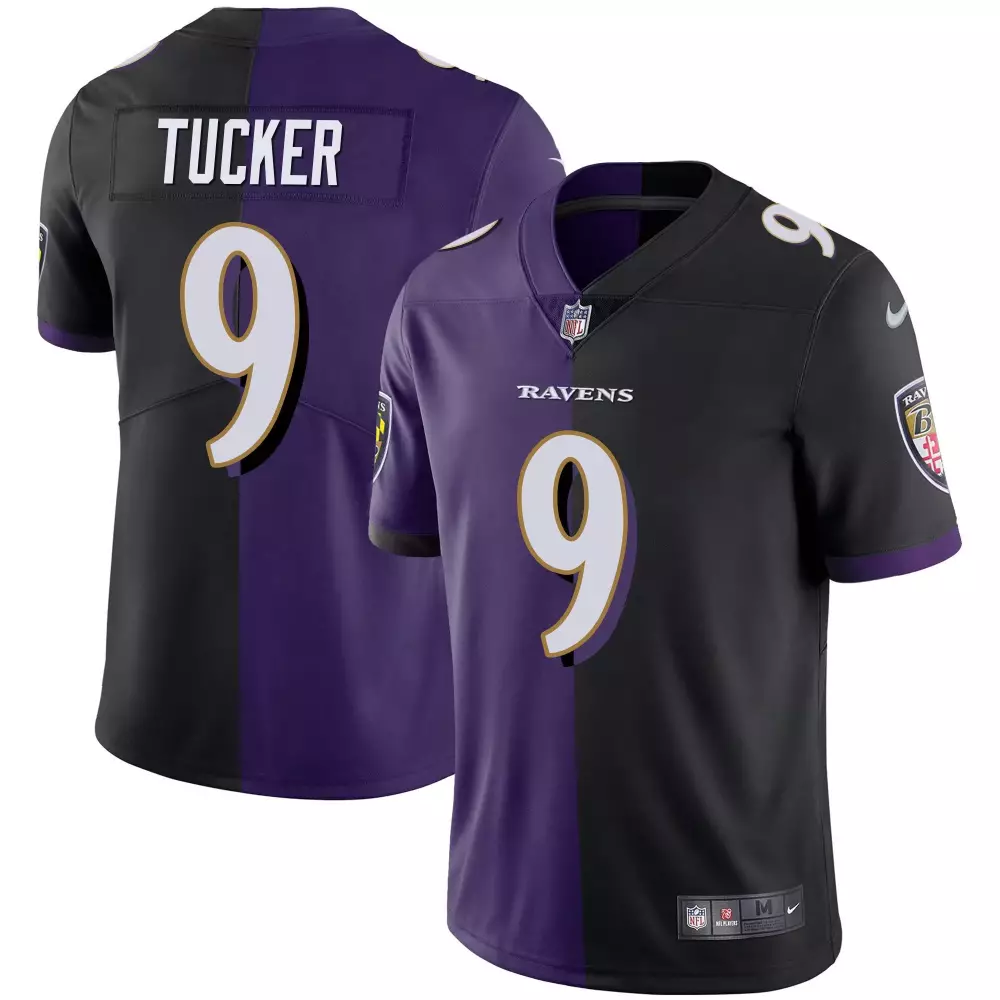 Justin Tucker 9 Ravens Jersey Black Men Split Design Purple Vapor All Stitched