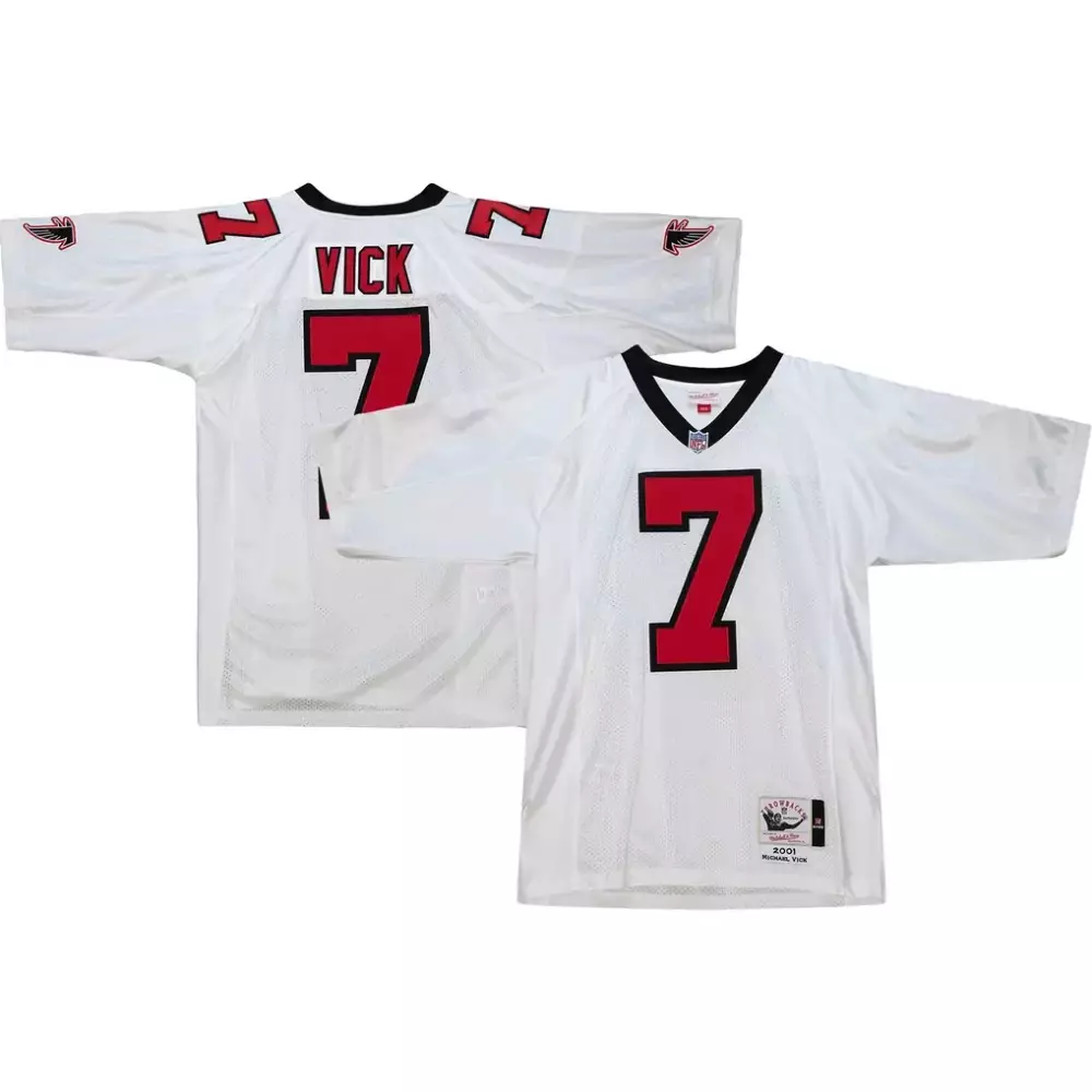 Michael Vick 7 Falcons Jersey White Mitchell & Ness Men Throwback Design Red Black