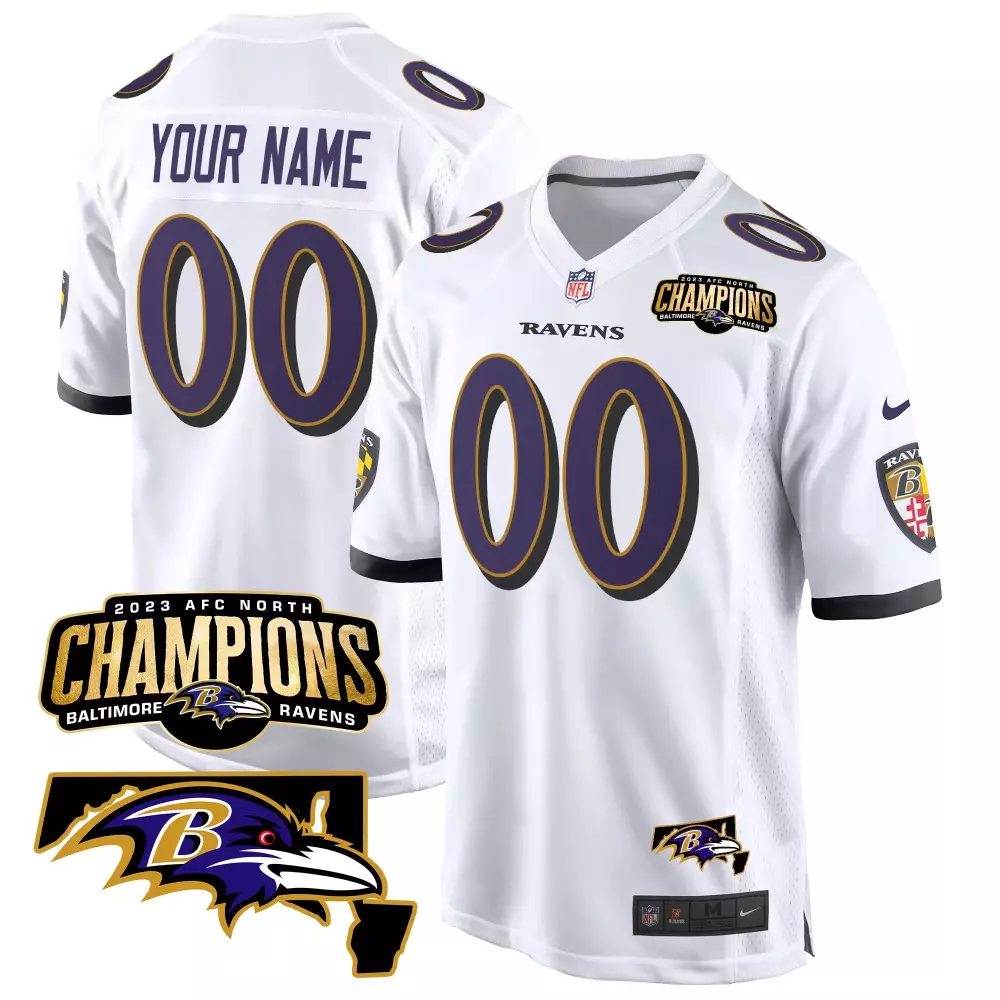 Custom Baltimore Ravens Jersey White 2023 AFC North Champions Men Purple Black Gold