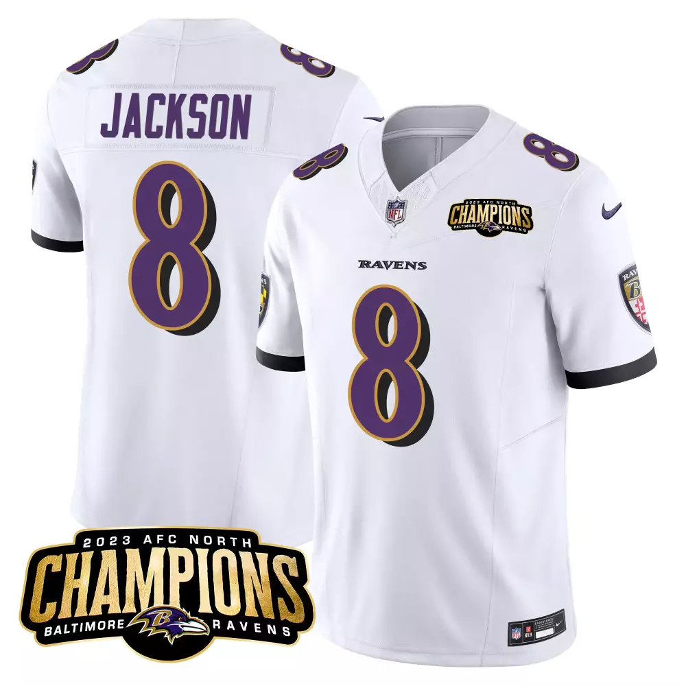 Lamar Jackson 8 Baltimore Ravens Jersey White AFC North Champions 2023 Men Player