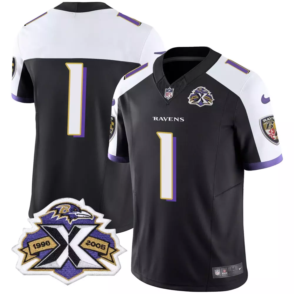 Ravens 1 Jersey Black 100th Season Men Standard White Purple Alternate Throwback