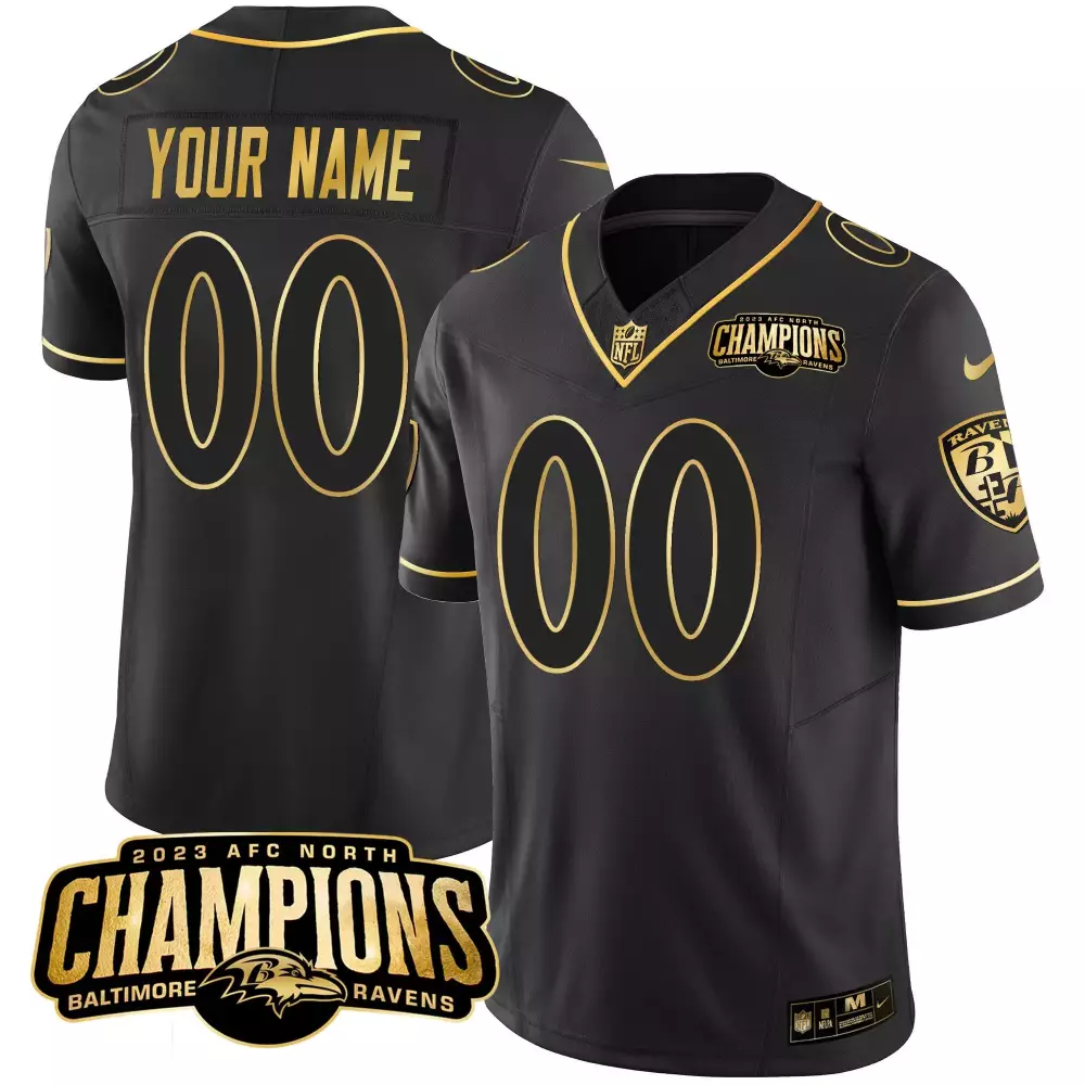 Custom Baltimore Ravens Jersey Black AFC North Champions 2023 Men Gold Vapor All