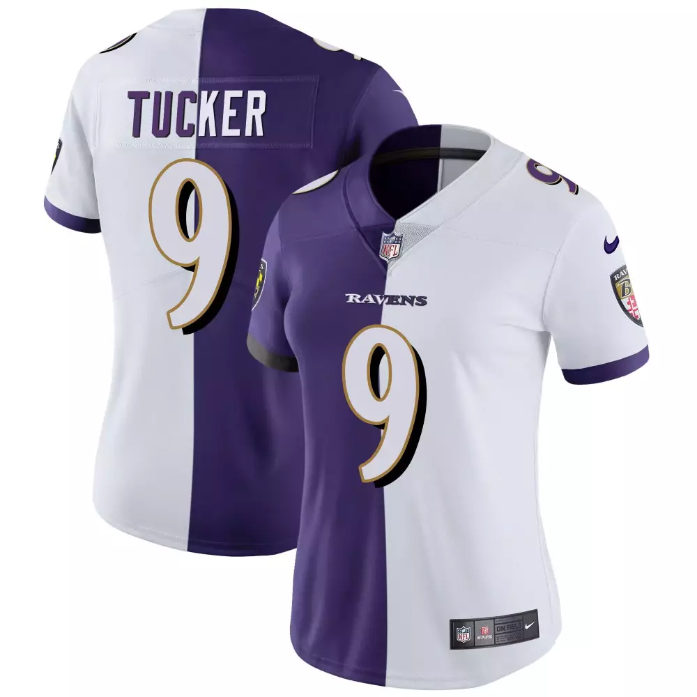 Justin Tucker 9 Ravens Jersey Purple Men Standard Split Design White Gold Vapor All