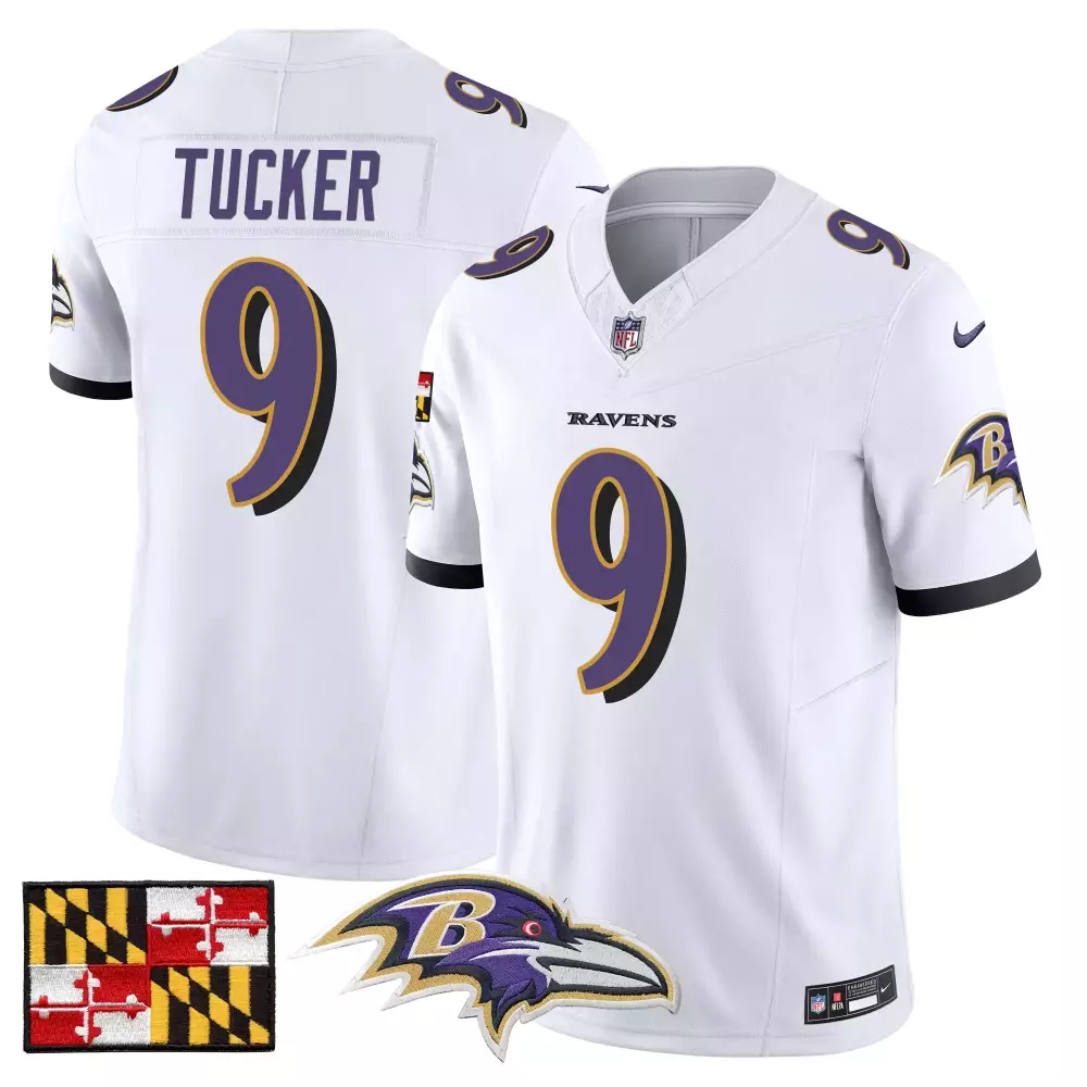 Justin Tucker 9 Ravens Jersey White Maryland Flag Baltimore Men NFL Purple Black
