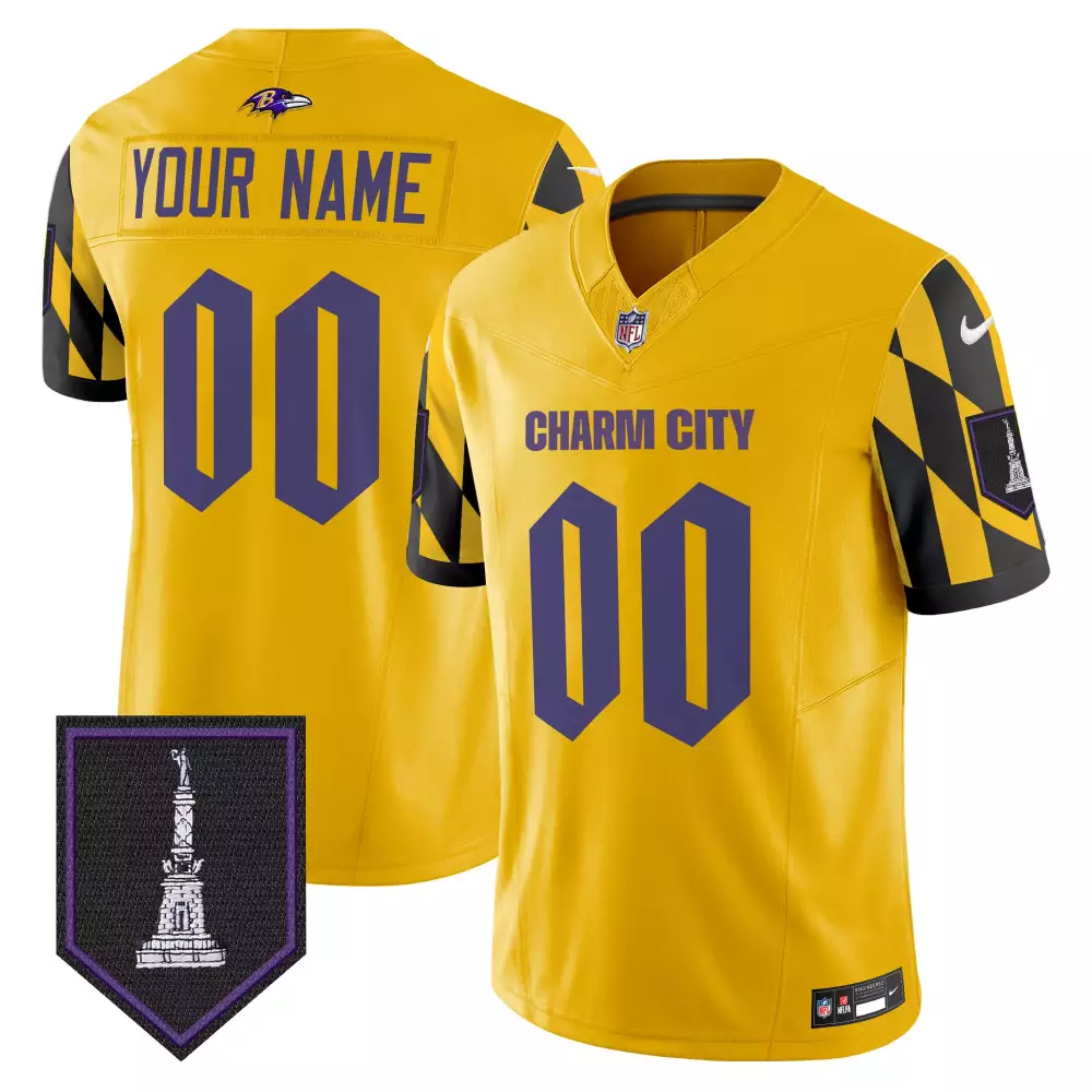 Custom Baltimore Ravens Jersey Yellow Charm City Monument Men Purple Black Vapor