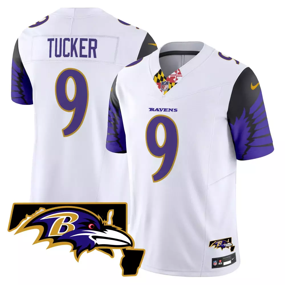 Justin Tucker 9 Ravens Jersey White State Team Men NFL Purple Black Vapor Limited