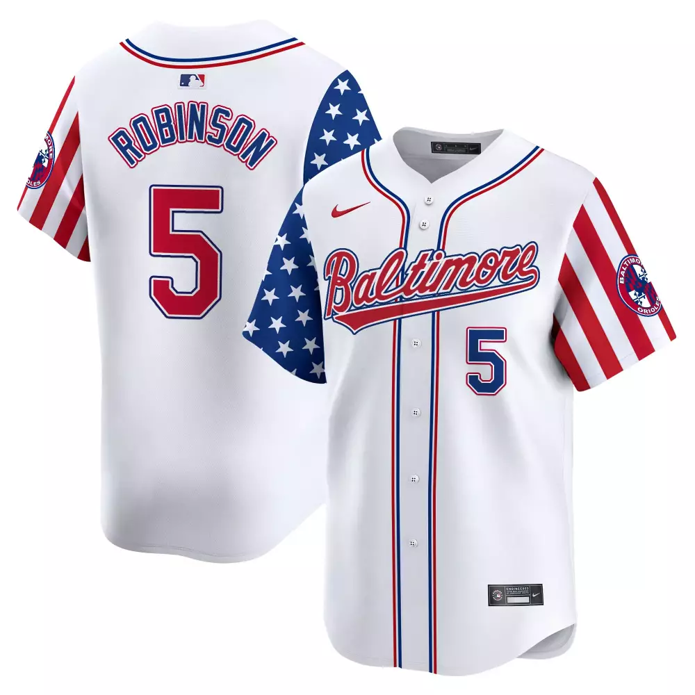 Robinson Independence 5 Jersey White Baltimore Orioles Men Split Design Red Blue