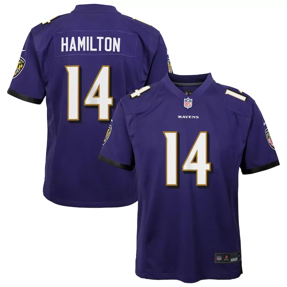 Kyle Hamilton 14 Ravens Jersey Purple Men White Gold Game