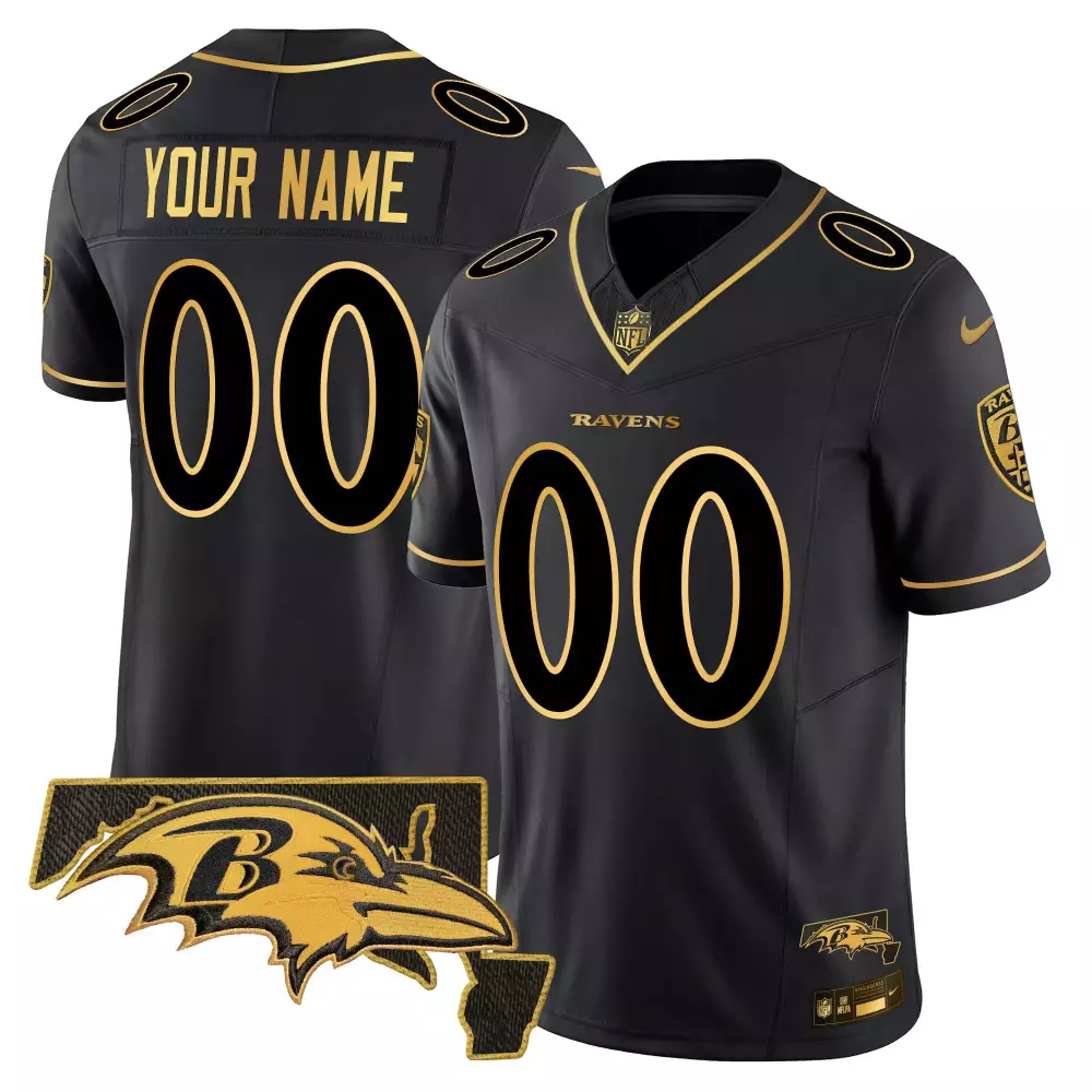 Custom Ravens Jersey Black NFL Baltimore Men Gold Vapor Limited All Stitched