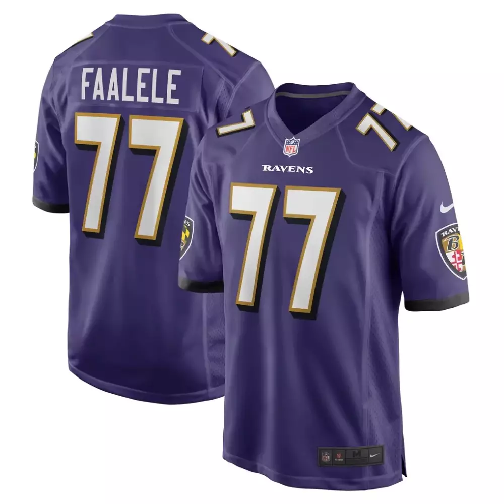 Daniel Faalele 77 Ravens Jersey Purple Men NFL White Gold Game