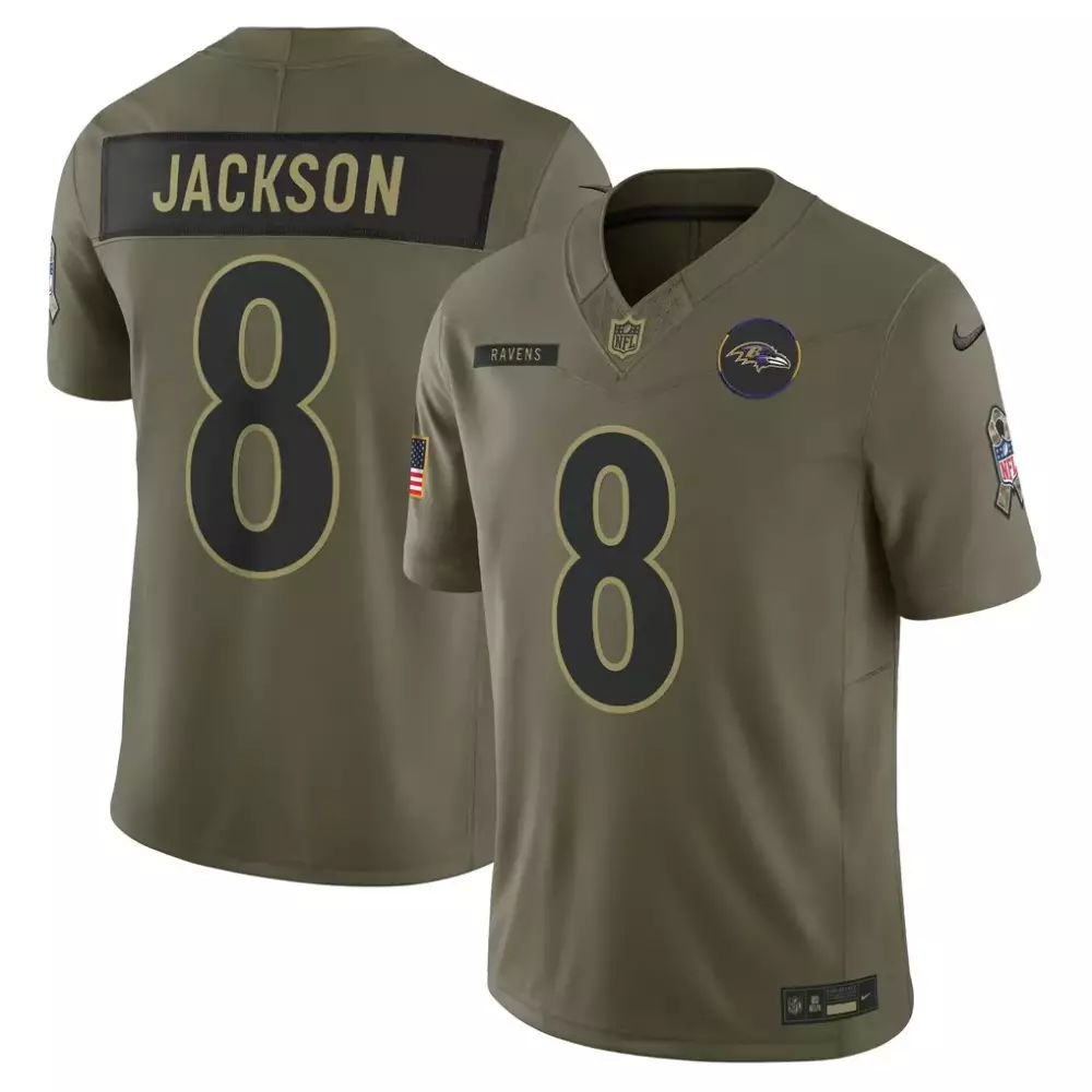Lamar Jackson 8 Ravens Jersey Olive Green Salute To Service American Flag Breast Cancer Awareness Ribbon
