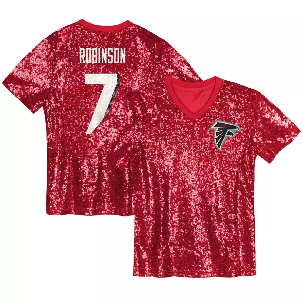 Bijan Robinson 7 Atlanta Falcons Jersey Red Sequin Women V-neck T-shirt White Black