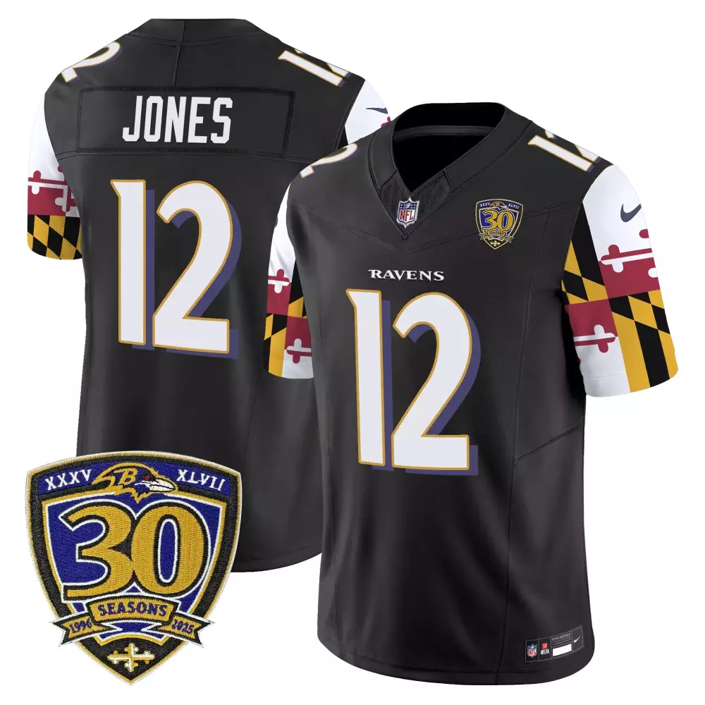 Jones 12 Ravens Jersey Black 30th Season Men Player Purple White Gold Vapor Embroidered