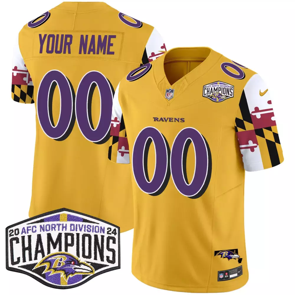 Custom Baltimore Ravens Jersey Gold 2020 AFC North Division Champions 2024 Men Purple