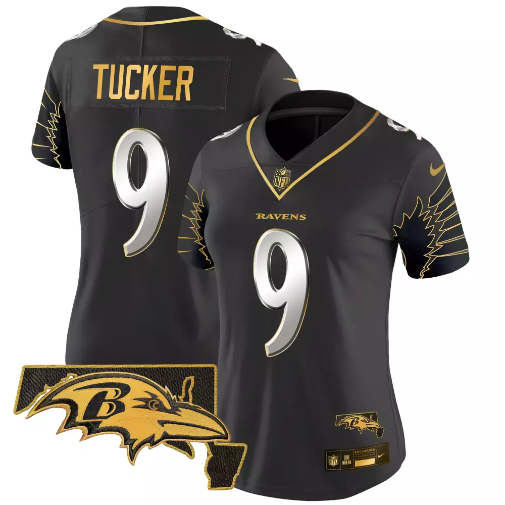 Justin Tucker 9 Ravens Jersey Black Baltimore Men NFL Gold Silver Limited Vapor v2