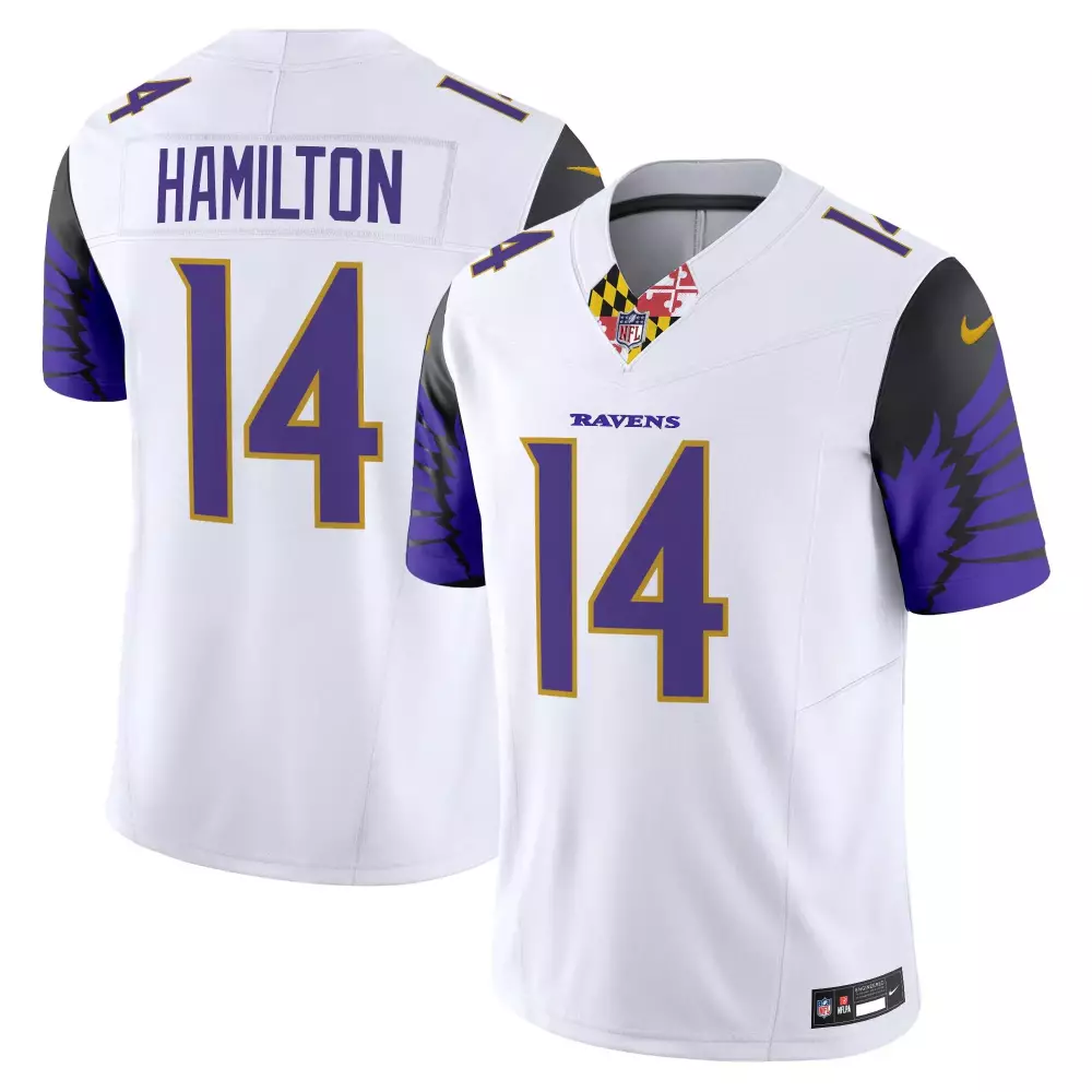 Kyle Hamilton 14 Ravens Jersey White Maryland Flag Men Player Alternate Purple Gold