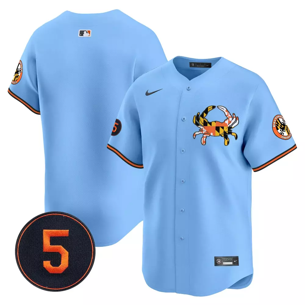 Baltimore Orioles 5 Jersey Light Blue City Connect Crab 2024 Men Split Design Orange