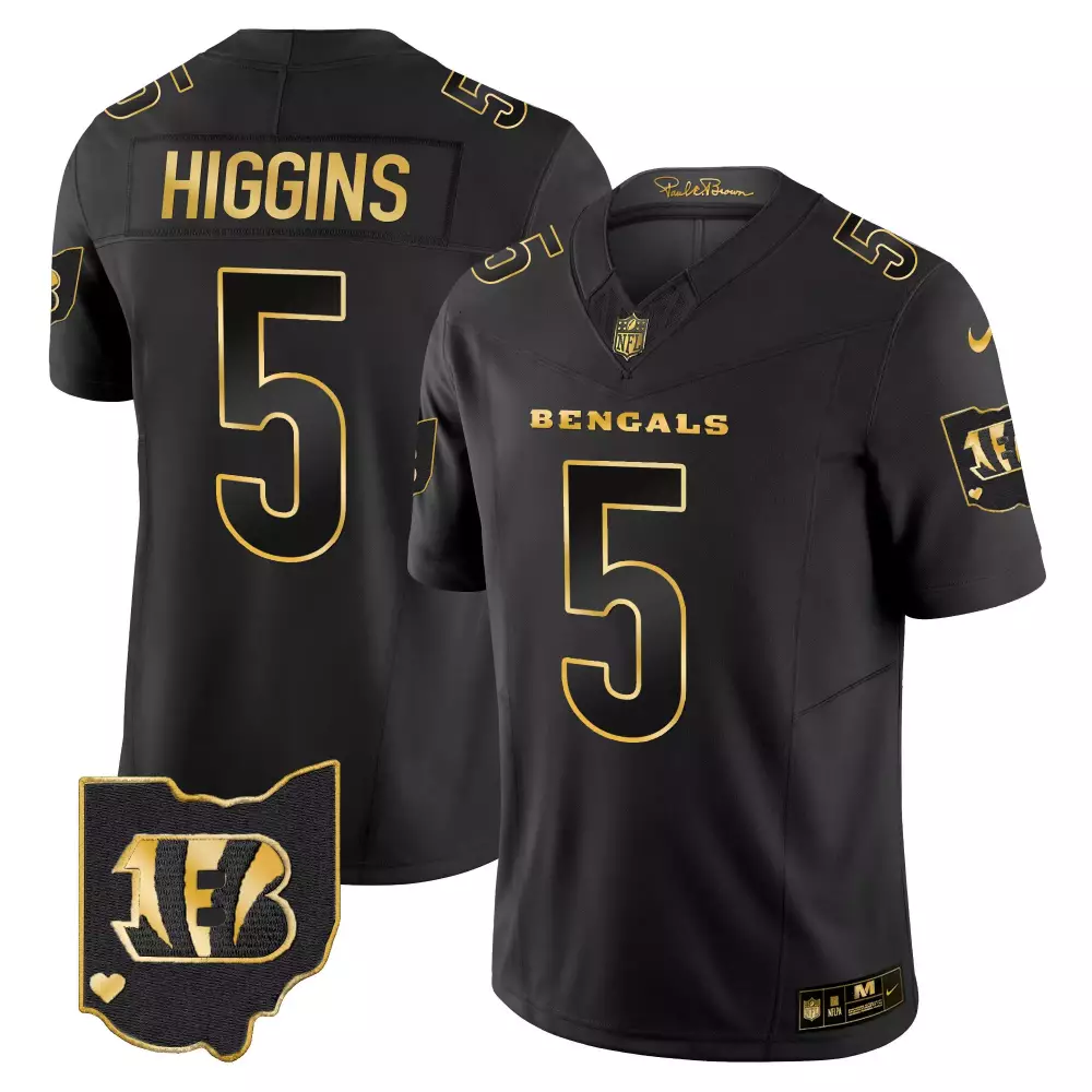 Tee Higgins 5 Bengals Jersey Black Paul Brown Ohio 2023 Men Player Gold All Stitched