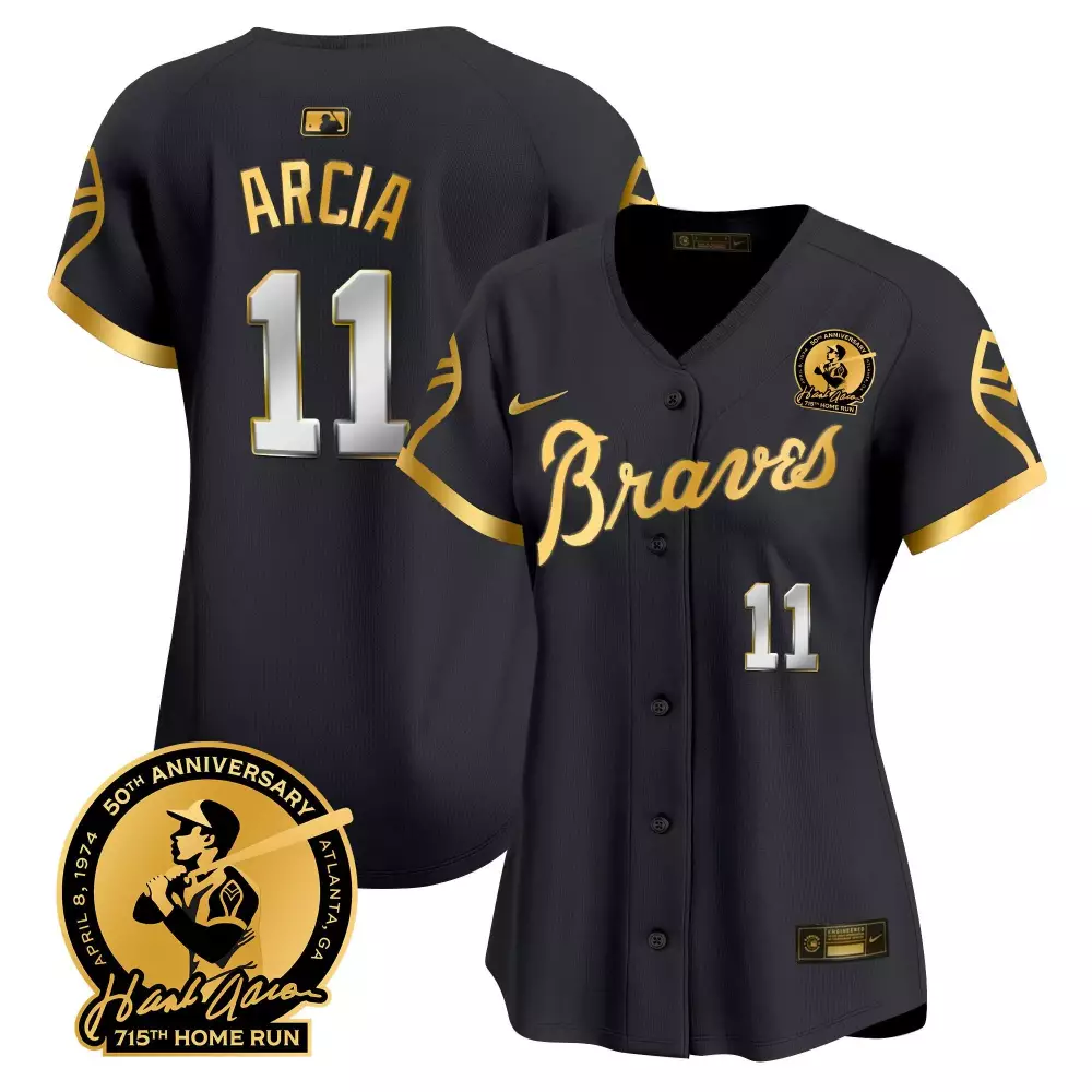 Orlando Arcia 11 Braves Jersey Black Hank Aaron 715th Home Run Anniversary Men Gold