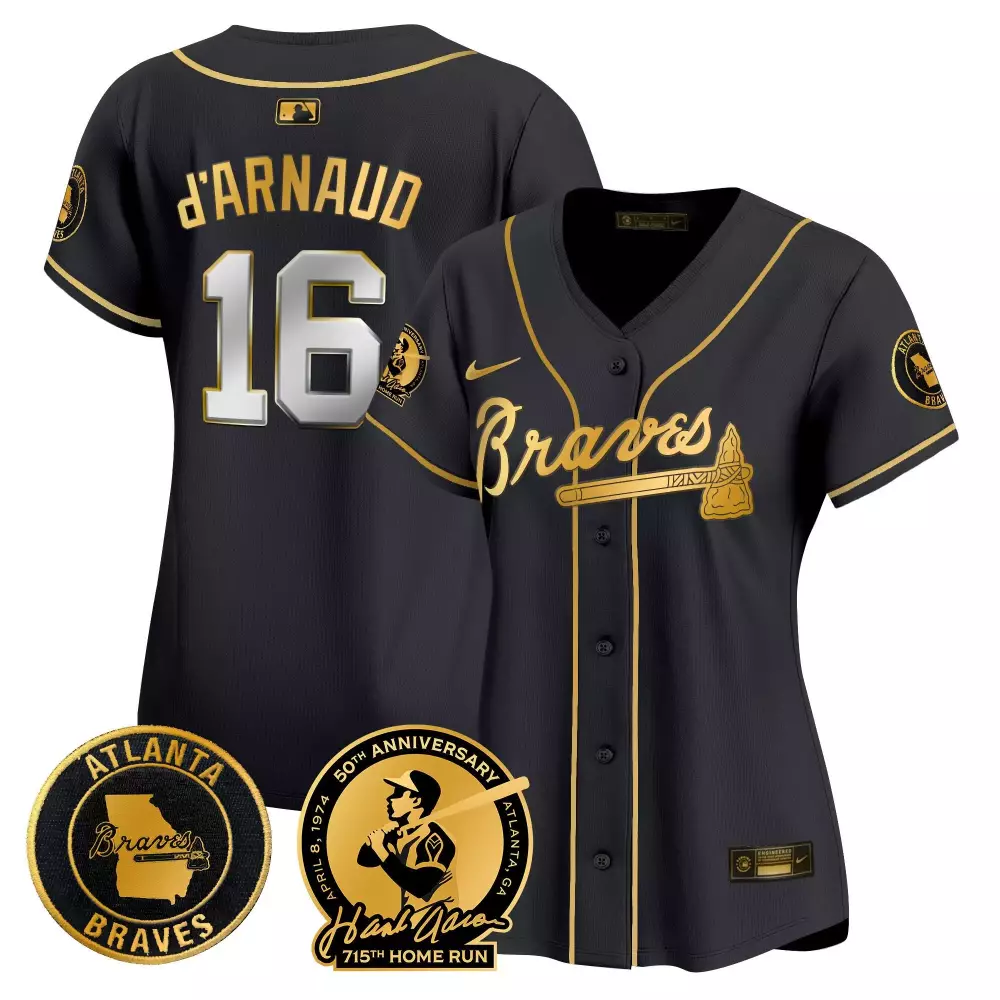 D'arnaud 16 Atlanta Braves Jersey Black 75th Anniversary 2024 Men Gold Home Vapor