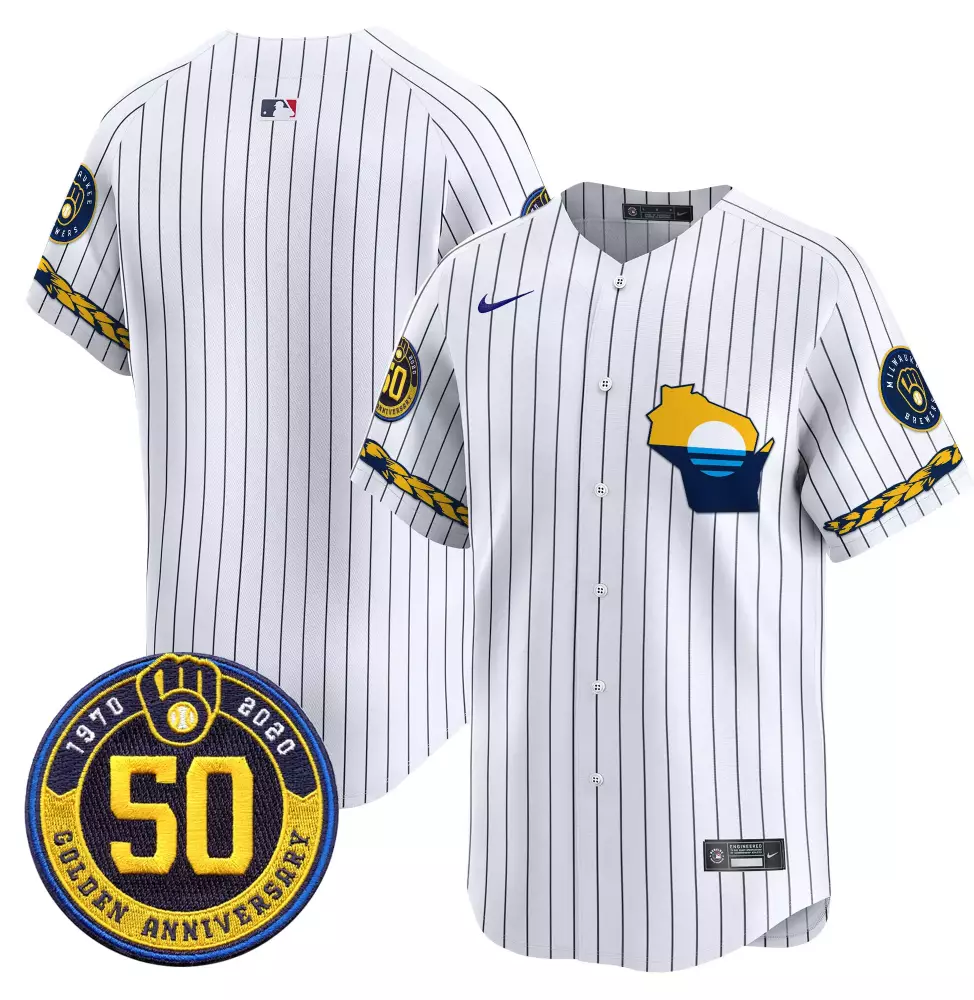 Custom Milwaukee Brewers Jersey White 50th Anniversary 1970-2020 Navy Blue Yellow