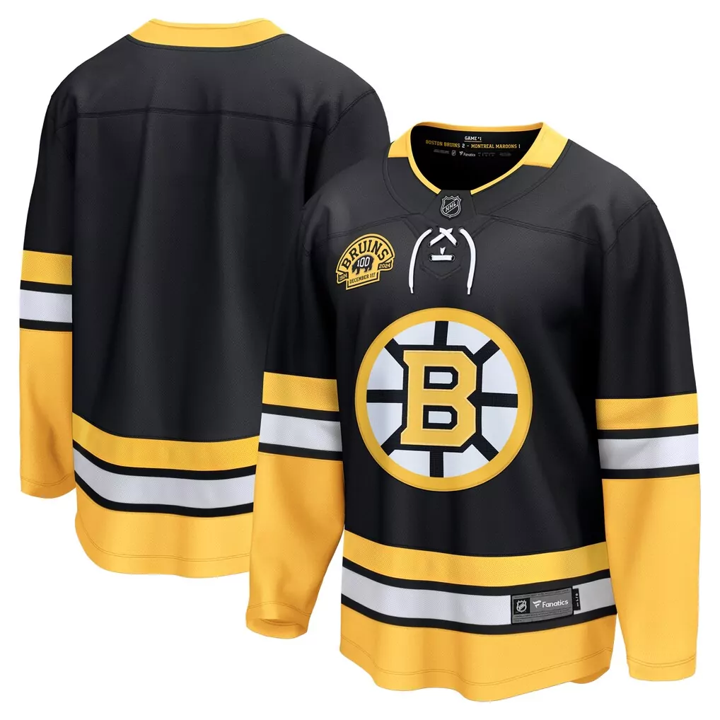 Custom Boston Bruins Jersey Black 100th Anniversary Men Yellow White Alternate Breakaway