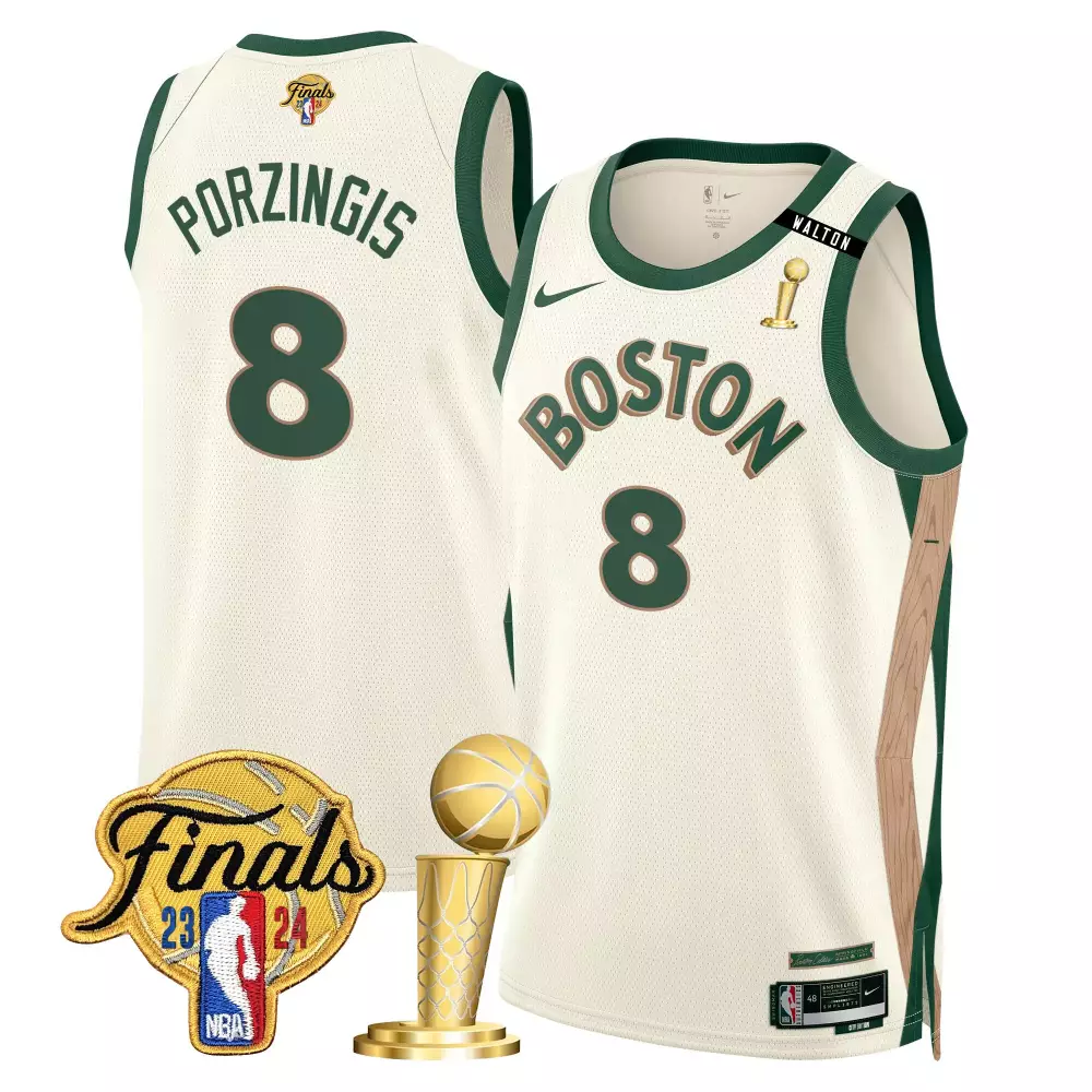 Kristaps Porzingis 8 Boston Jersey Cream Finals 2023-2024 Larry O'brien Trophy Men