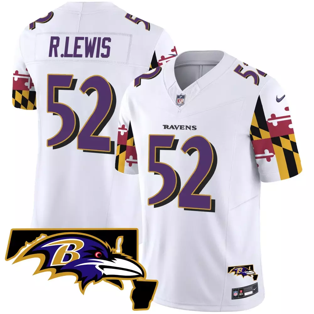 Ray Lewis 52 Ravens Jersey White Maryland Flag Sleeves Men Player Purple Black Vapor
