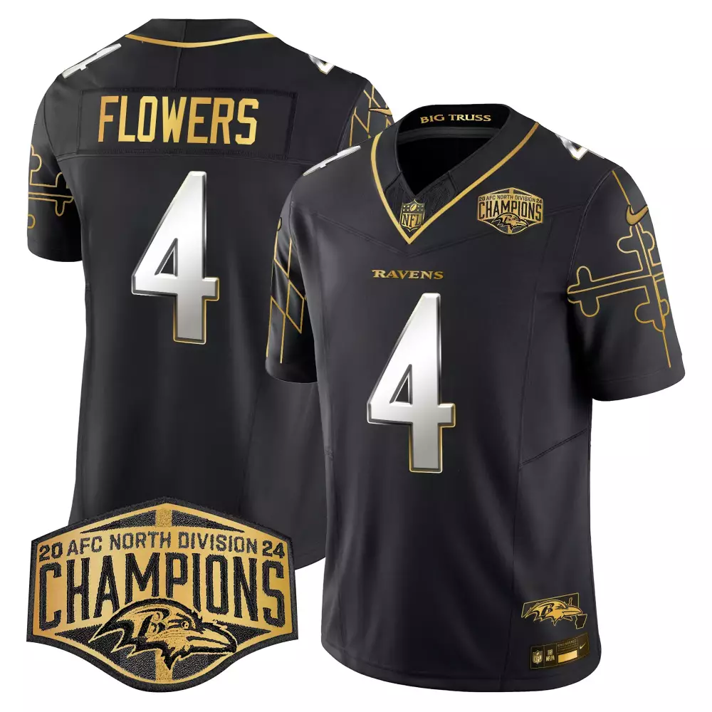 Zay Flowers 4 Ravens Jersey Black AFC North Division Champions Men Gold Silver Limited