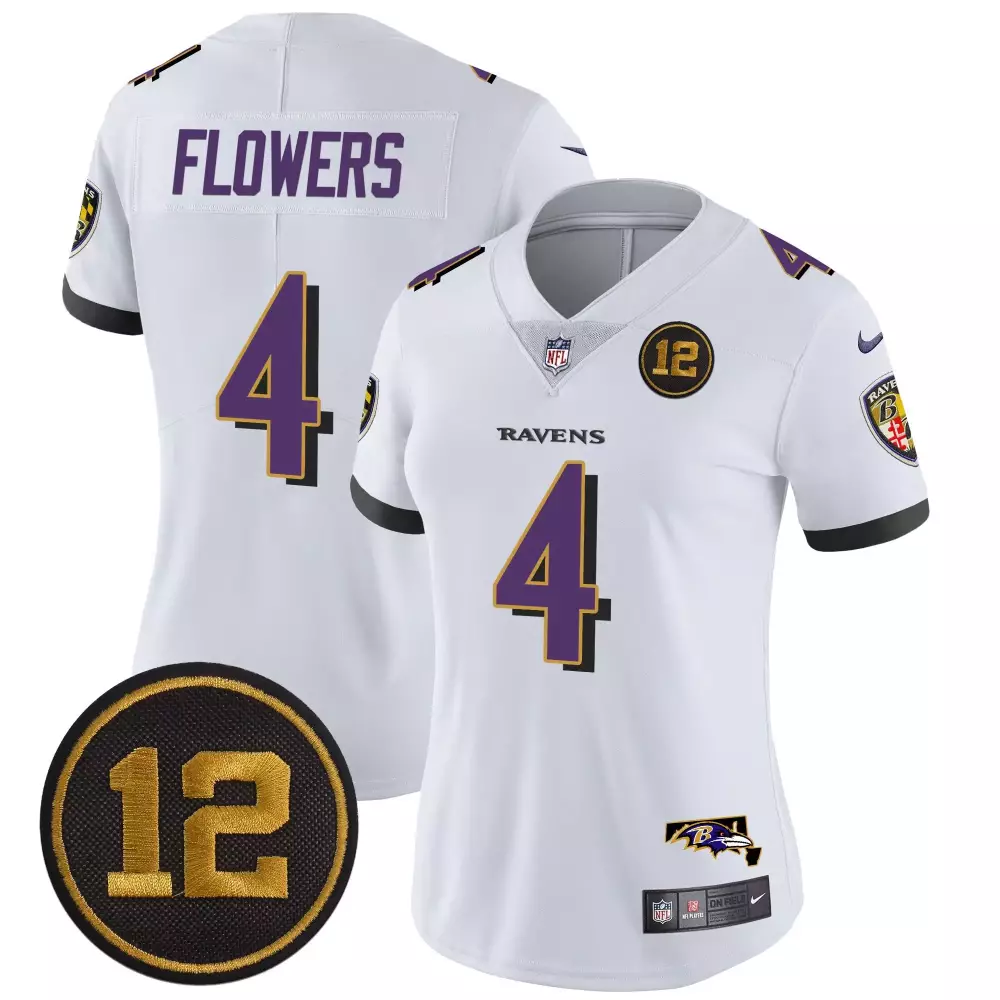 Zay Flowers 4 Ravens Jersey White 12th Man Women Player Alternate Purple Gold Black