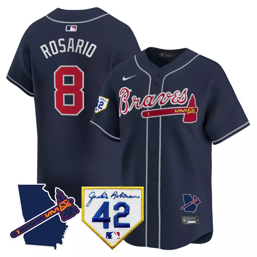 Eddie Rosario 8 Atlanta Braves Jersey Navy Jackie Robinson 42 Georgia State Outline Tomahawk