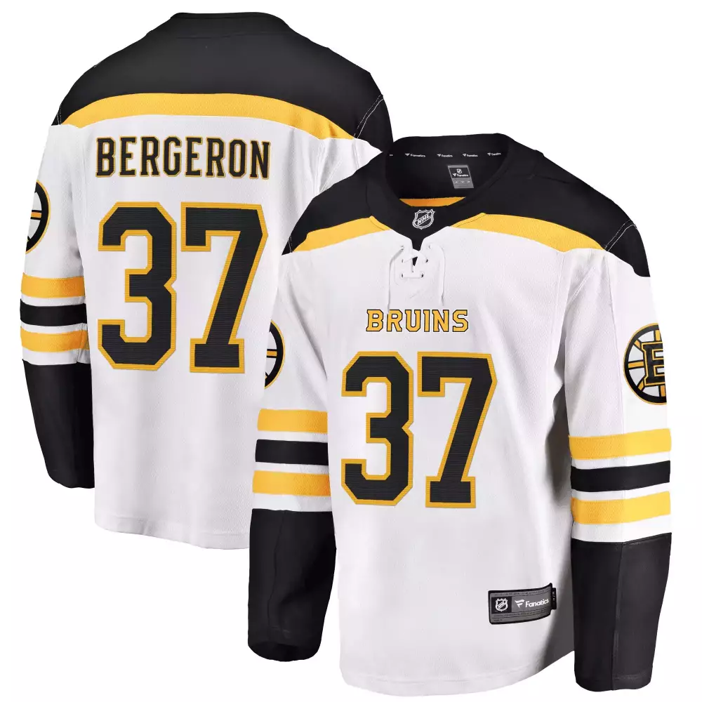 Patrice Bergeron 37 Bruins Jersey White Men Black Gold Breakaway All Stitched