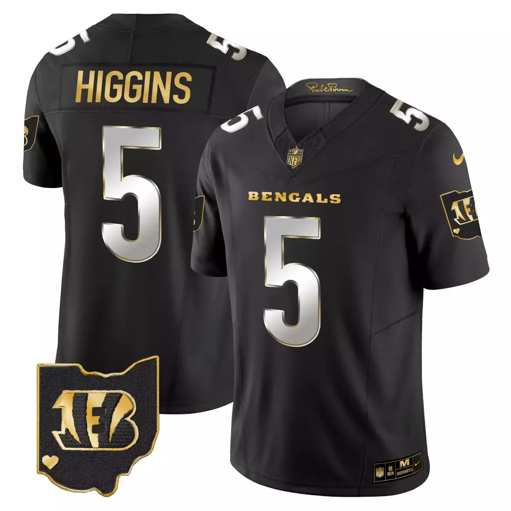 Tee Higgins 5 Bengals Jersey Black Paul Brown AFC Men NFL Gold Silver Stitched