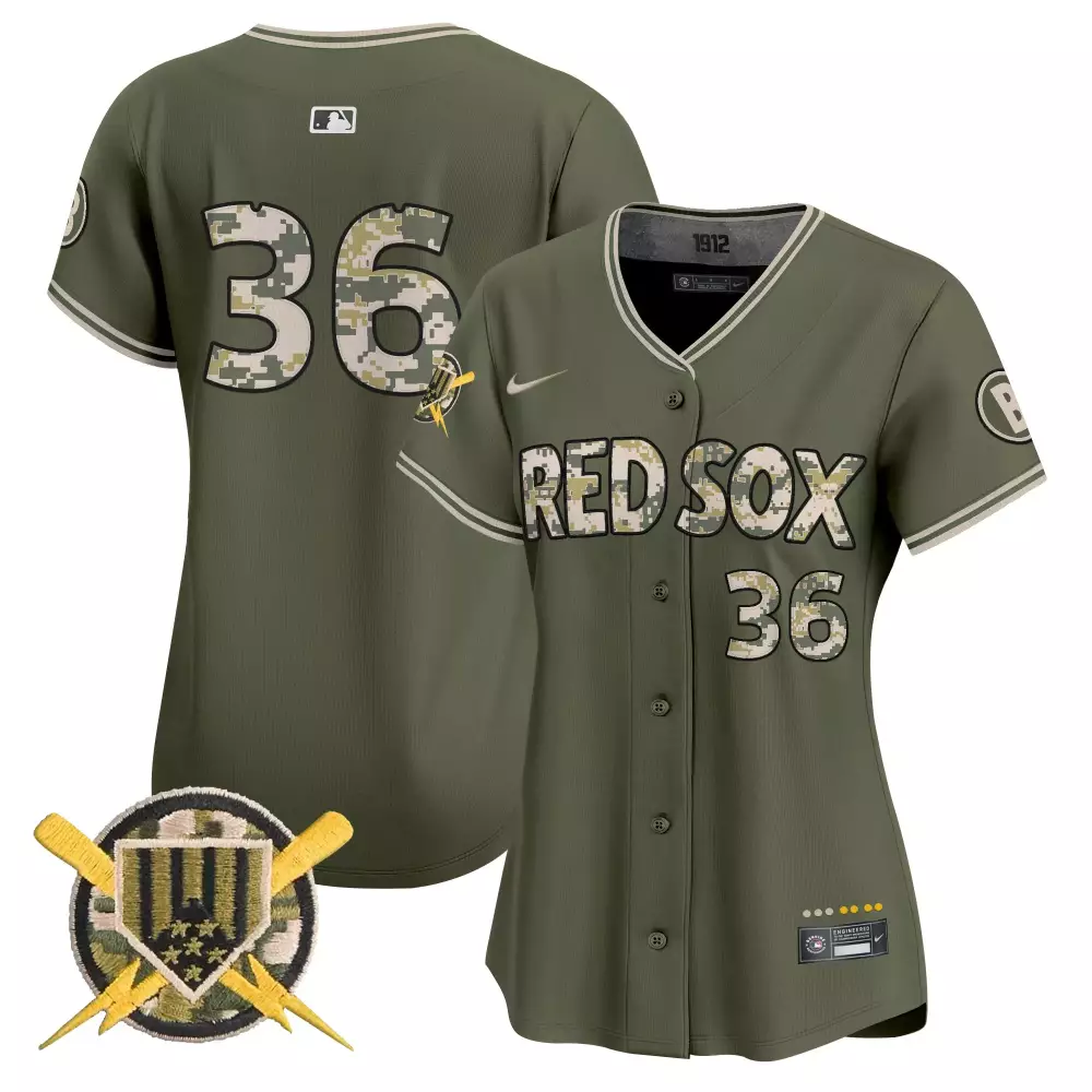Red Sox 36 Boston Jersey Olive Green Military Camo Camouflage Lightning Bolts Women