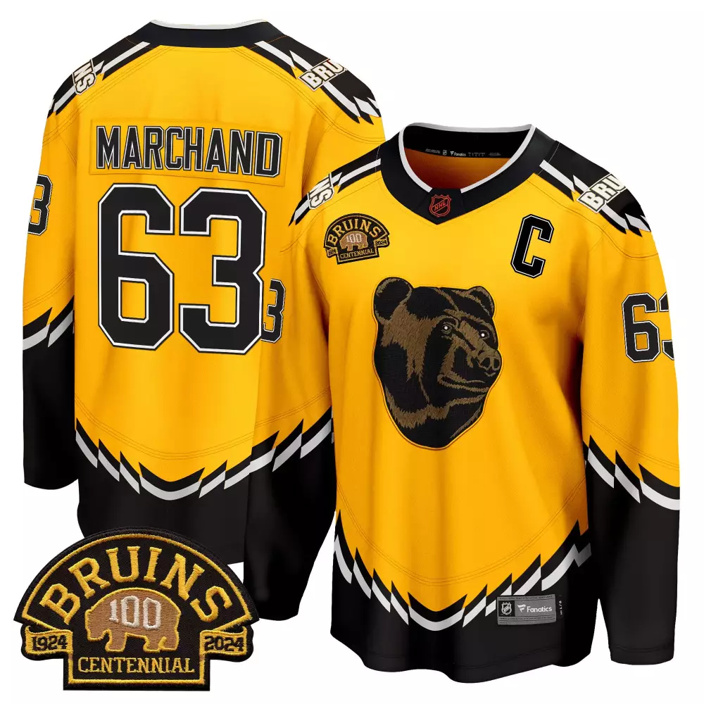 Brad Marchand 63 Bruins Jersey Yellow Centennial Men Alternate Black White Breakaway