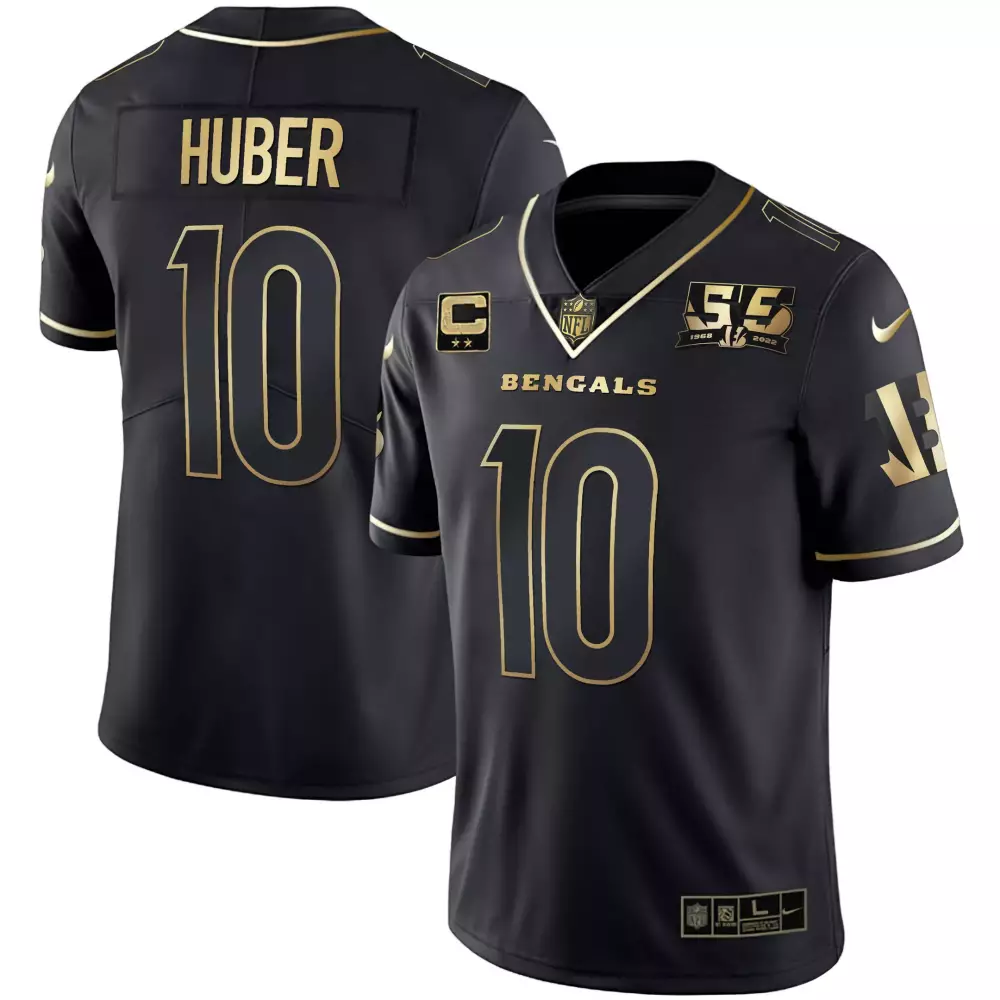 Kevin Huber 10 Bengals Jersey Black 55th Anniversary 1968-2023 Men Gold All Stitched