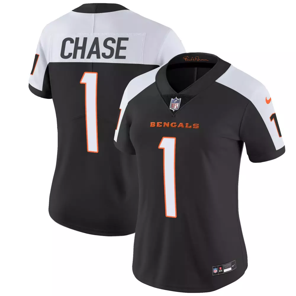 Ja'marr Chase 1 Bengals Jersey Black Women Authentic White Orange Alternate Vapor