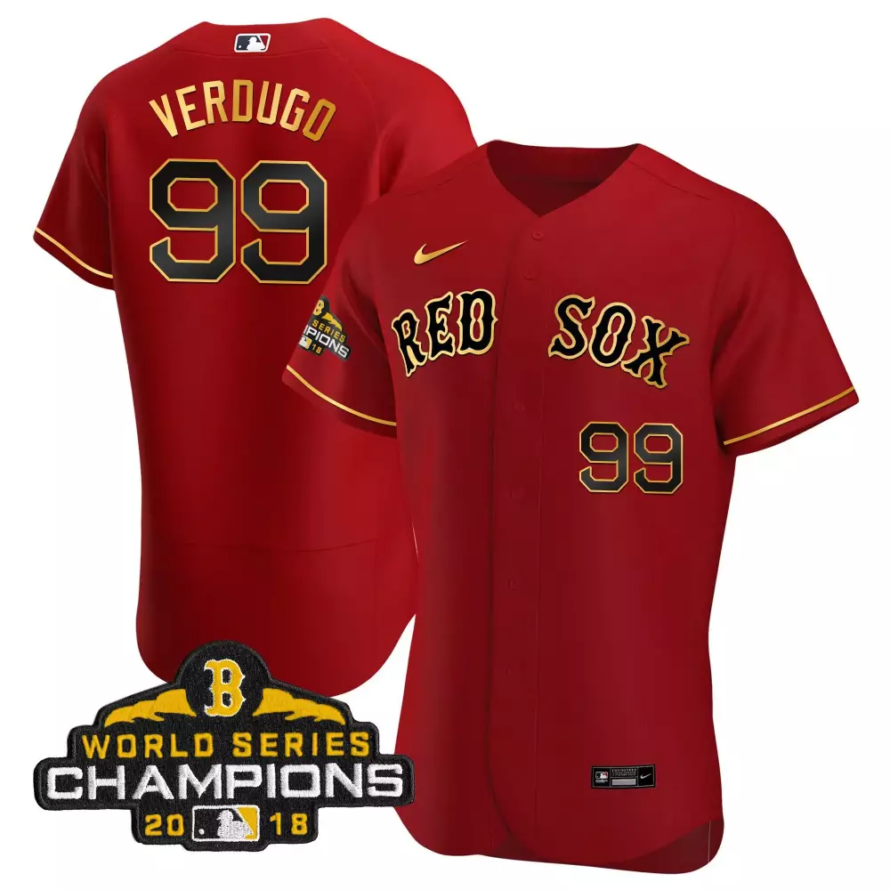 Alex Verdugo 99 Red Sox Jersey World Series Champions 2018 Men Gold Black Flex All