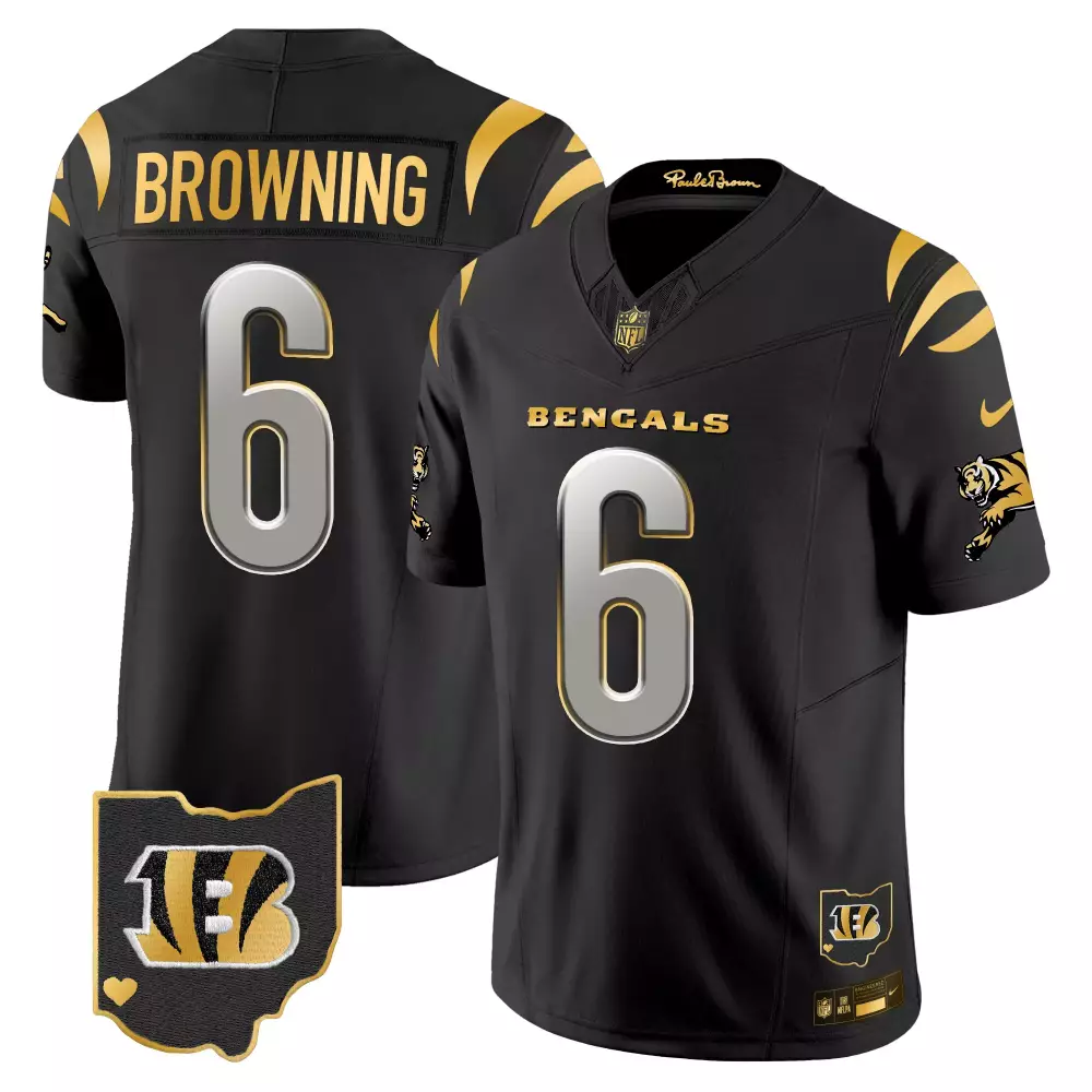Jake Browning 6 Bengals Jersey Black Paul Brown Ohio Shape Tiger Head Men Player