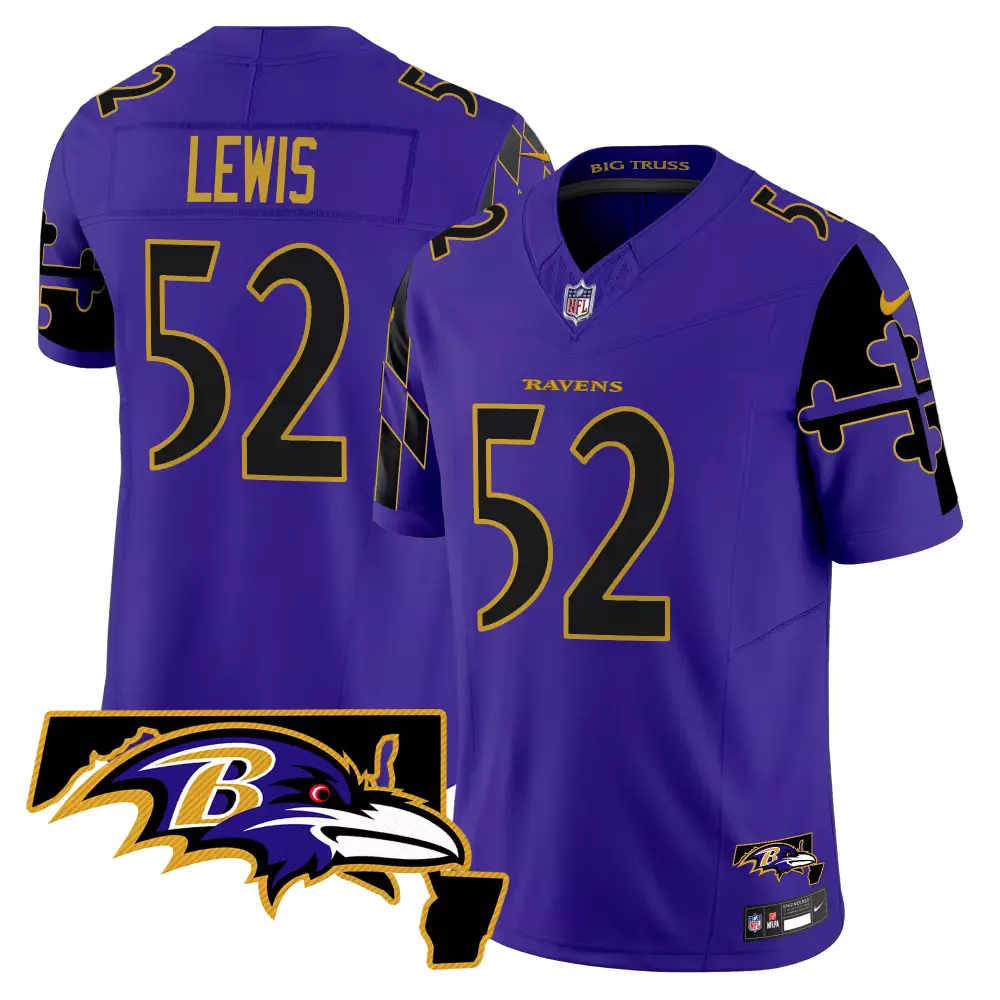 Ray Lewis 52 Ravens Jersey Purple Men Black Gold Limited Vapor All Stitched