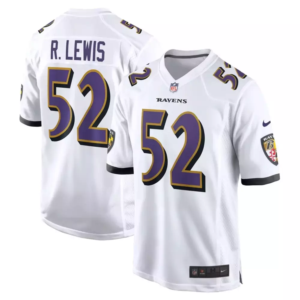 Ray Lewis 52 Baltimore Ravens Jersey White Men Replica Purple Black Gold Retired