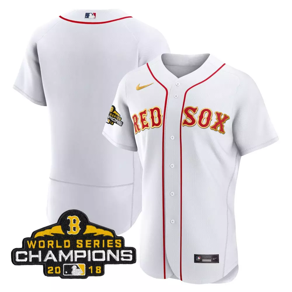 Red Sox Boston Jersey White 2018 World Series Champions Men Gold Flex All Stitched