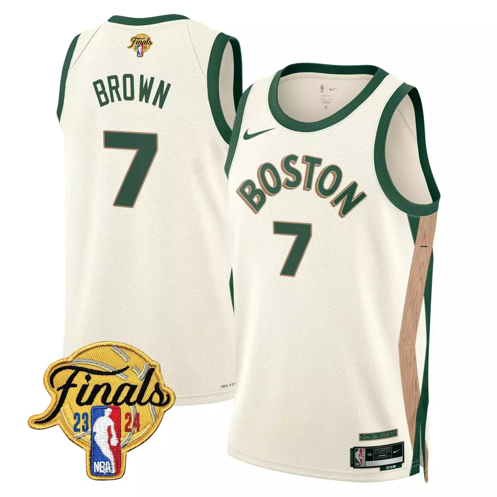 Brown 7 Boston Jersey White 2023-24 Finals Men Green Swingman v2 All Stitched