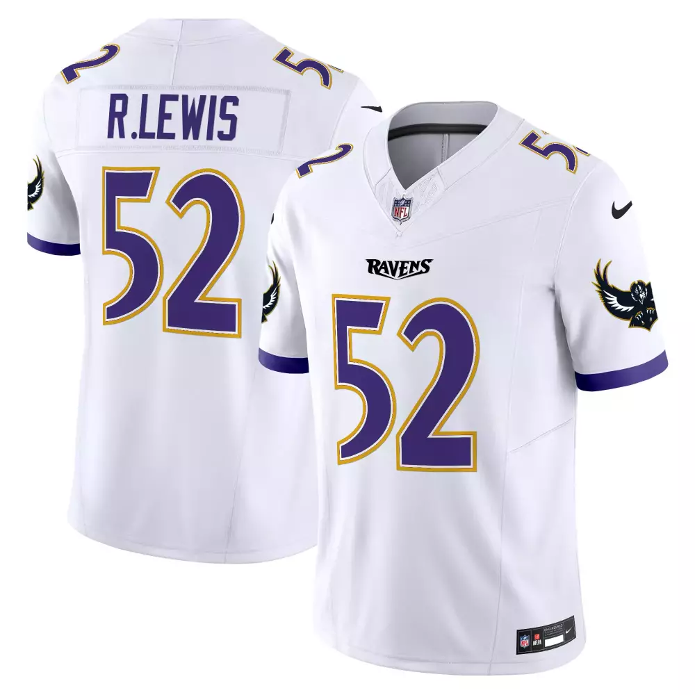 Ray Lewis 52 Ravens Jersey White Men Player Purple Gold Vapor Limited v2 All Stitched