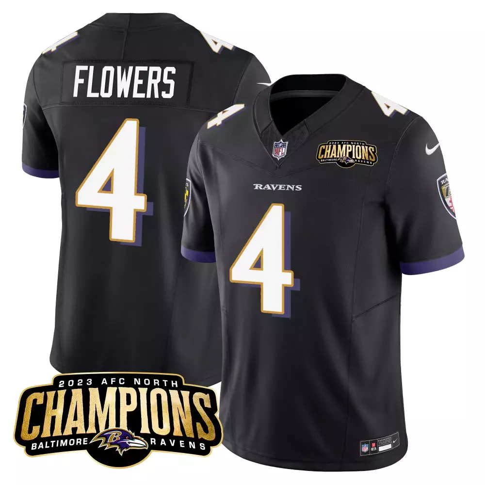 Zay Flowers 4 Baltimore Ravens Jersey Black 2023 AFC North Champions Men Purple White